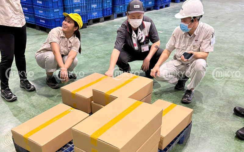 Máy dán thùng FXJ6050 dán thùng tại nhà máy khách hàng