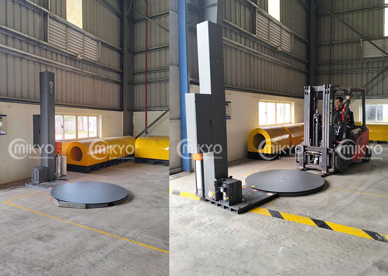 Máy quấn màng pallet MK-1624-PS lắp đặt trong không gian nhà xưởng khách hàng
